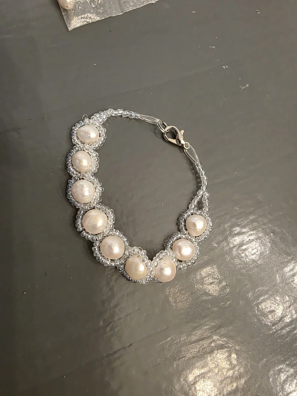 Pearl Beaded Bracelet - White Pearls with Clear Accents